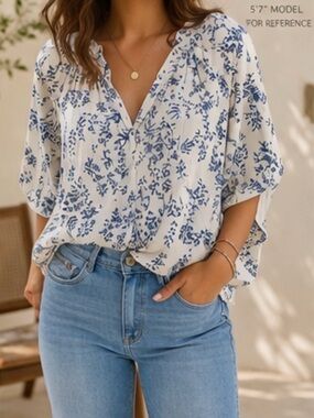 Floral Blue and White Women's Top 100% Cotton